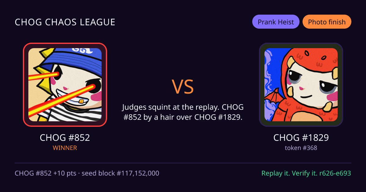 Highlight card: CHOG #852 versus CHOG #1829