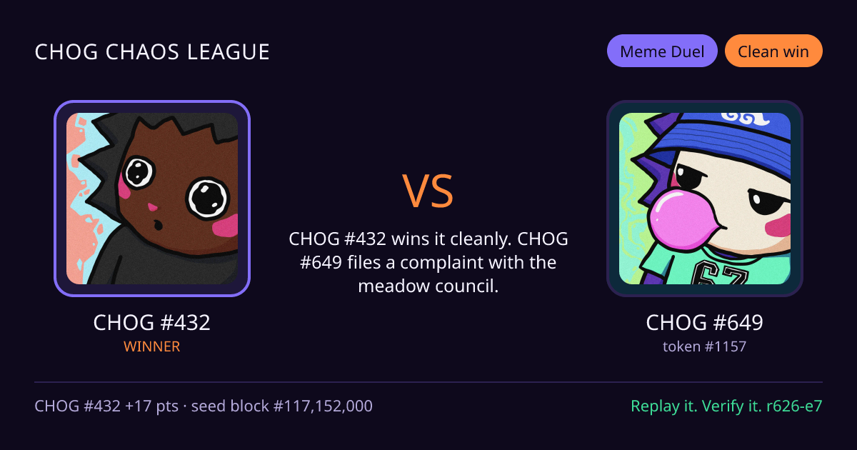 Highlight card: CHOG #432 versus CHOG #649