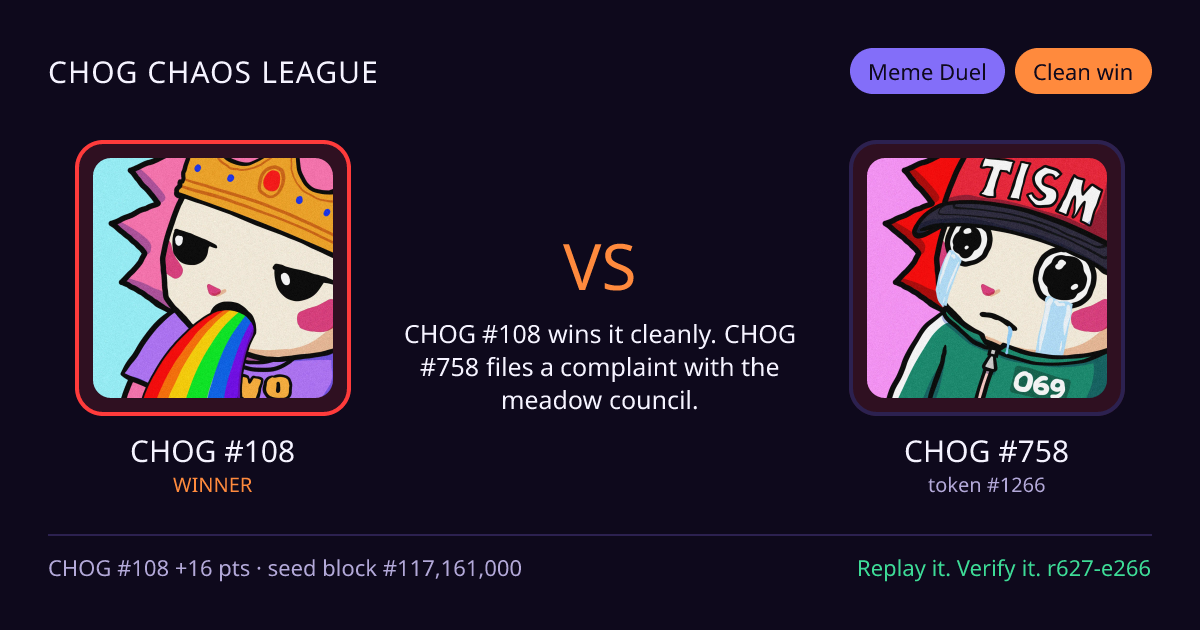 Highlight card: CHOG #108 versus CHOG #758
