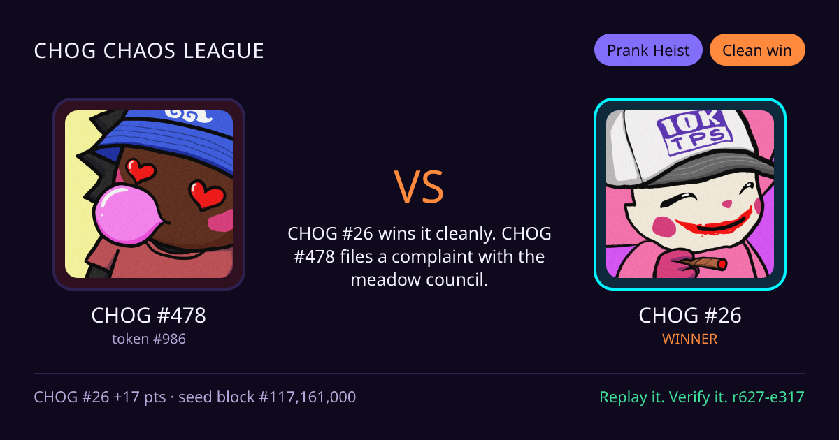Highlight card: CHOG #478 versus CHOG #26