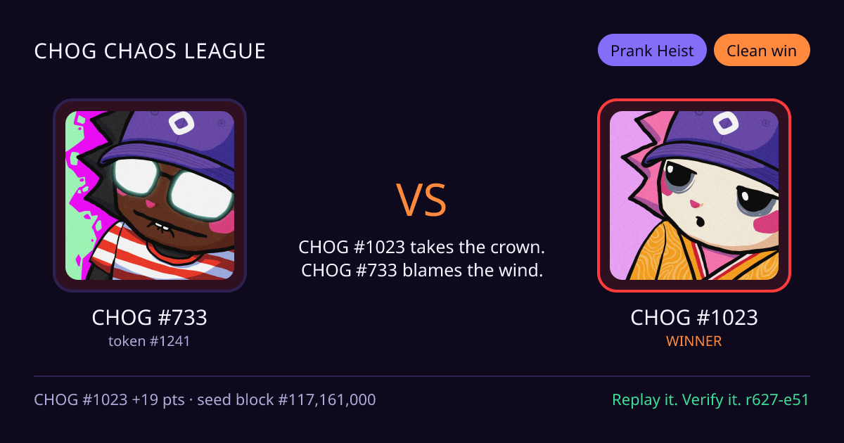 Highlight card: CHOG #733 versus CHOG #1023