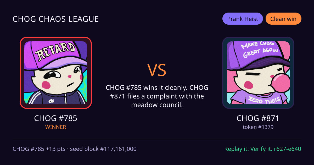 Highlight card: CHOG #785 versus CHOG #871
