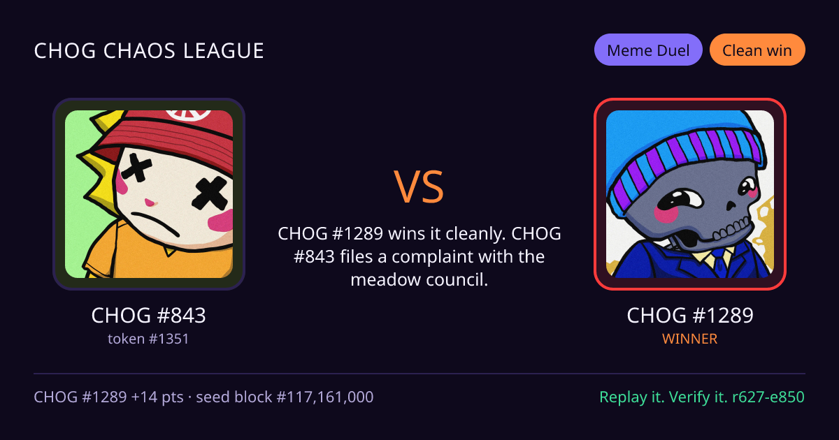 Highlight card: CHOG #843 versus CHOG #1289
