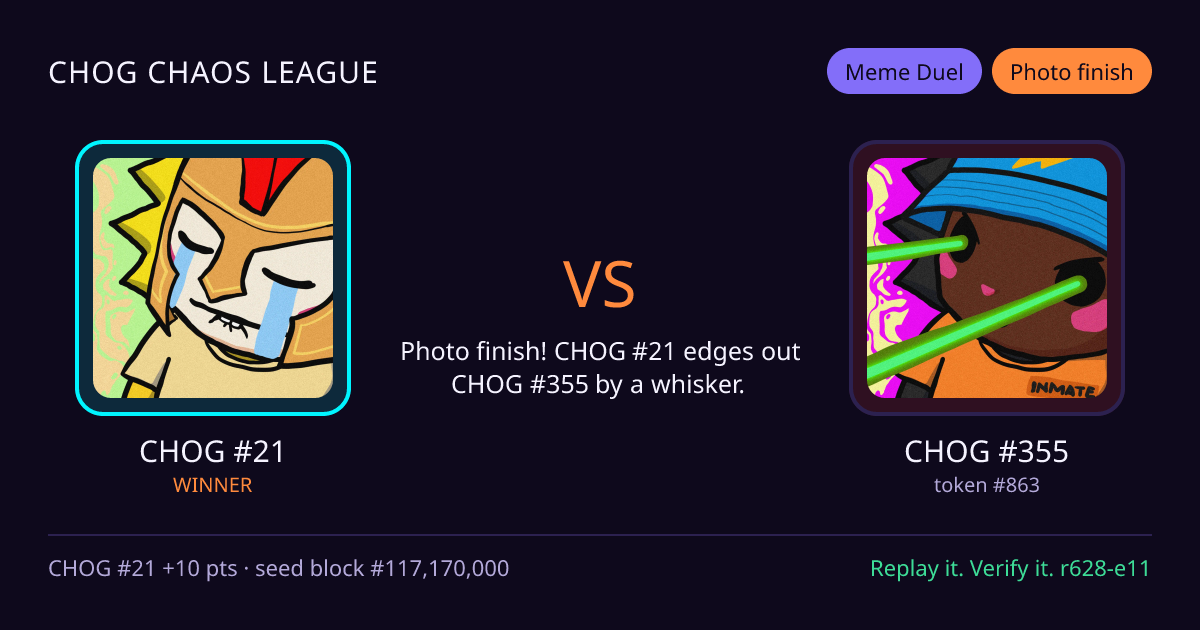 Highlight card: CHOG #21 versus CHOG #355