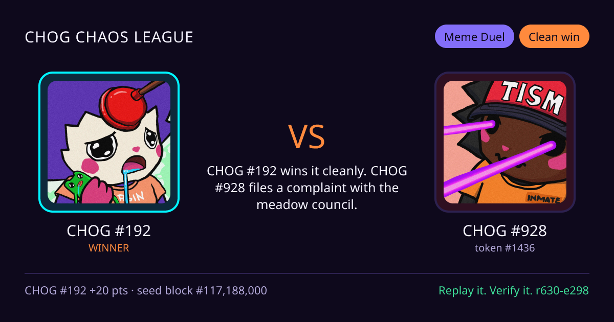 Highlight card: CHOG #192 versus CHOG #928