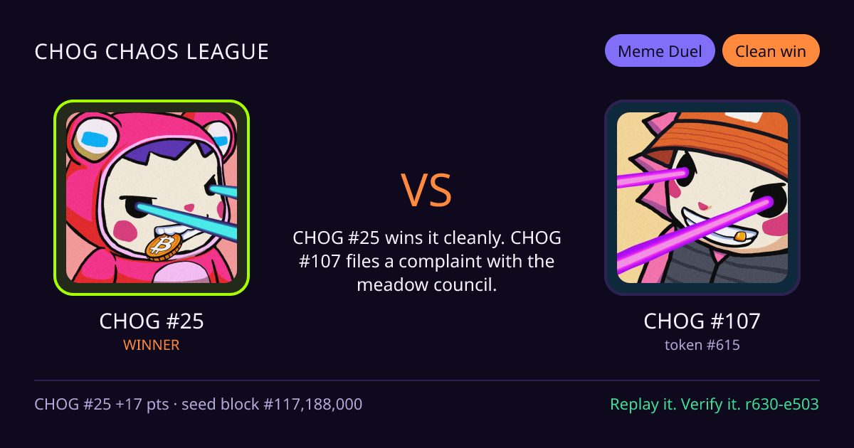 Highlight card: CHOG #25 versus CHOG #107