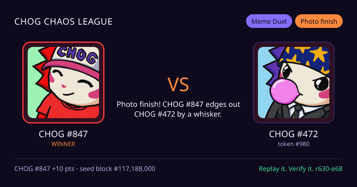 Highlight card: CHOG #847 versus CHOG #472