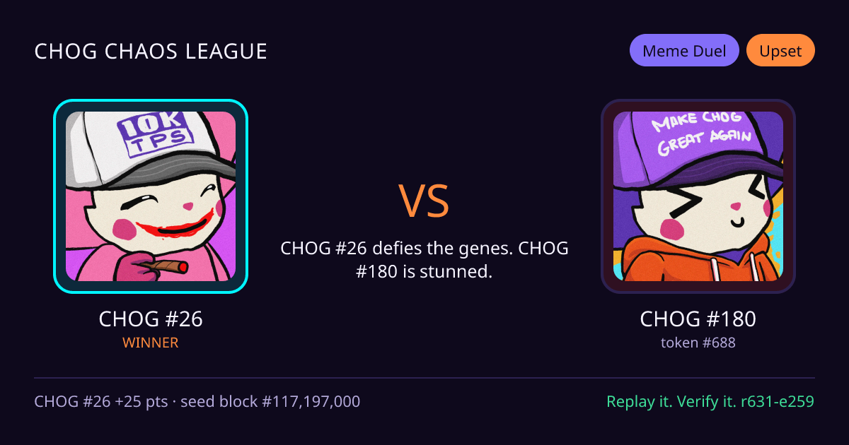 Highlight card: CHOG #26 versus CHOG #180