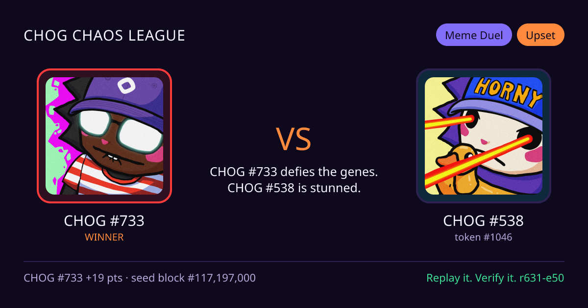 Highlight card: CHOG #733 versus CHOG #538