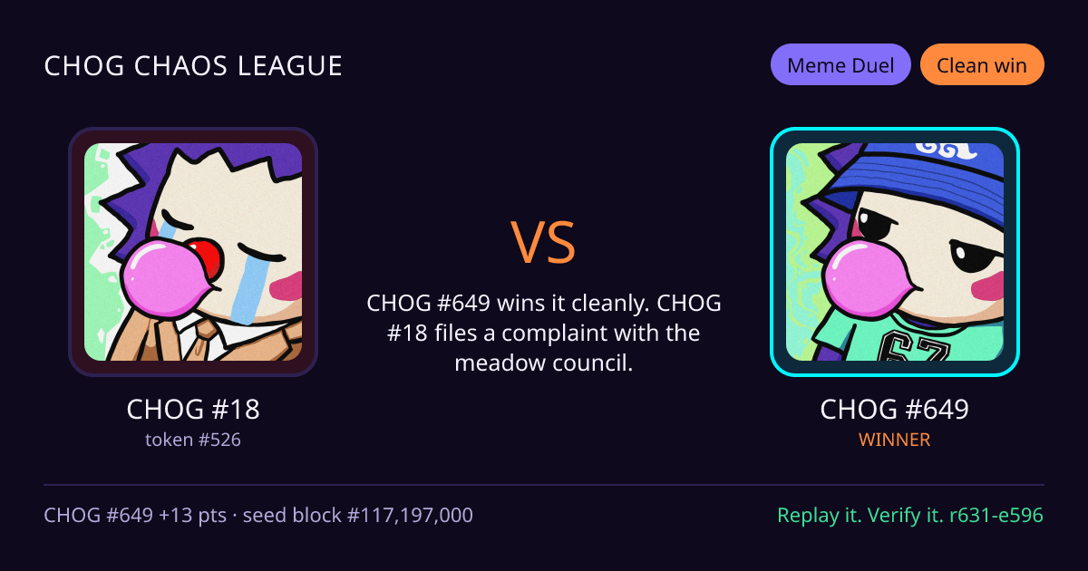 Highlight card: CHOG #18 versus CHOG #649