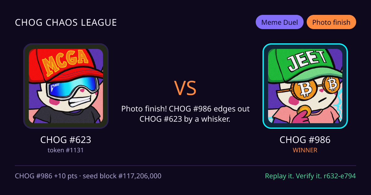 Highlight card: CHOG #623 versus CHOG #986