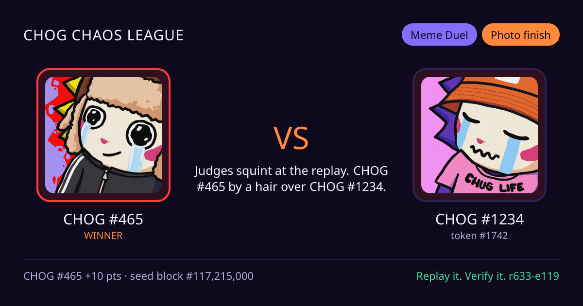 Highlight card: CHOG #465 versus CHOG #1234