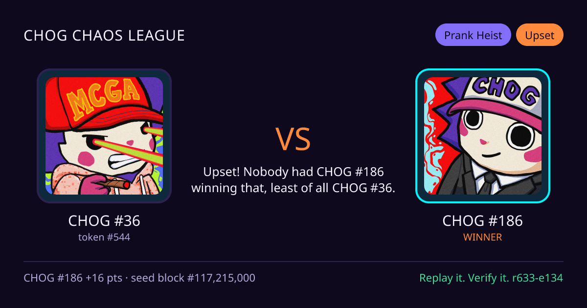 Highlight card: CHOG #36 versus CHOG #186