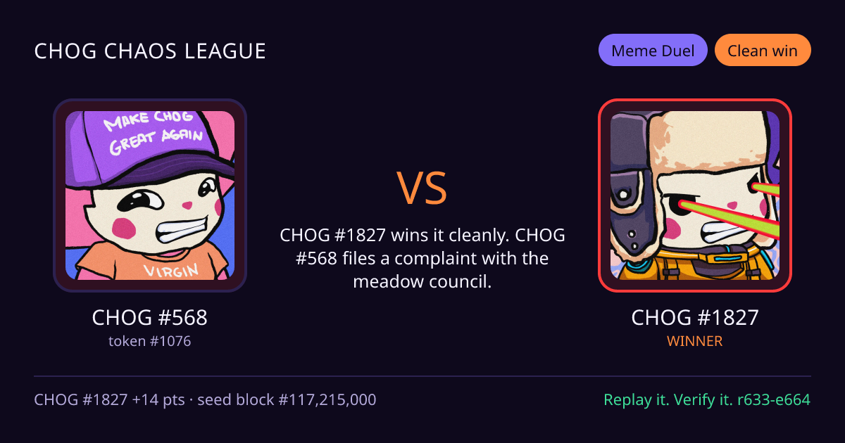 Highlight card: CHOG #568 versus CHOG #1827