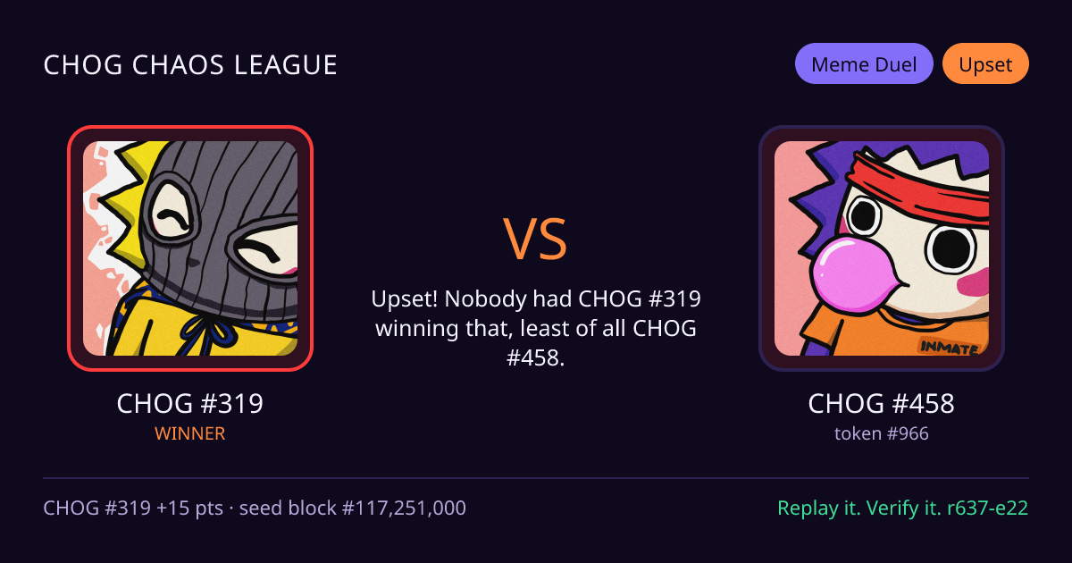 Highlight card: CHOG #319 versus CHOG #458