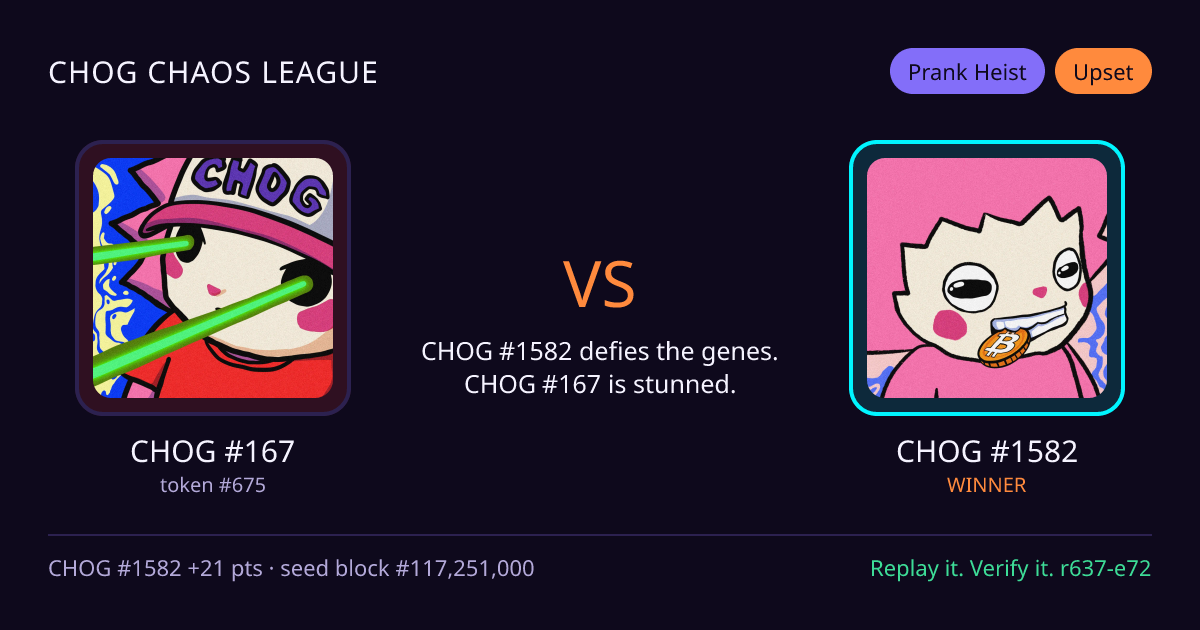 Highlight card: CHOG #167 versus CHOG #1582