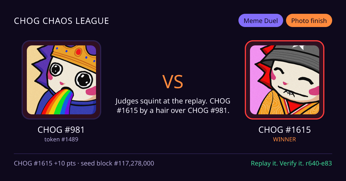 Highlight card: CHOG #981 versus CHOG #1615
