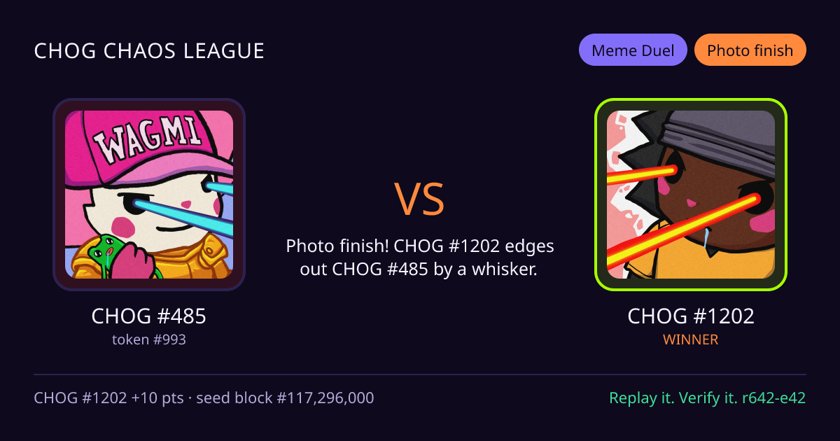Highlight card: CHOG #485 versus CHOG #1202