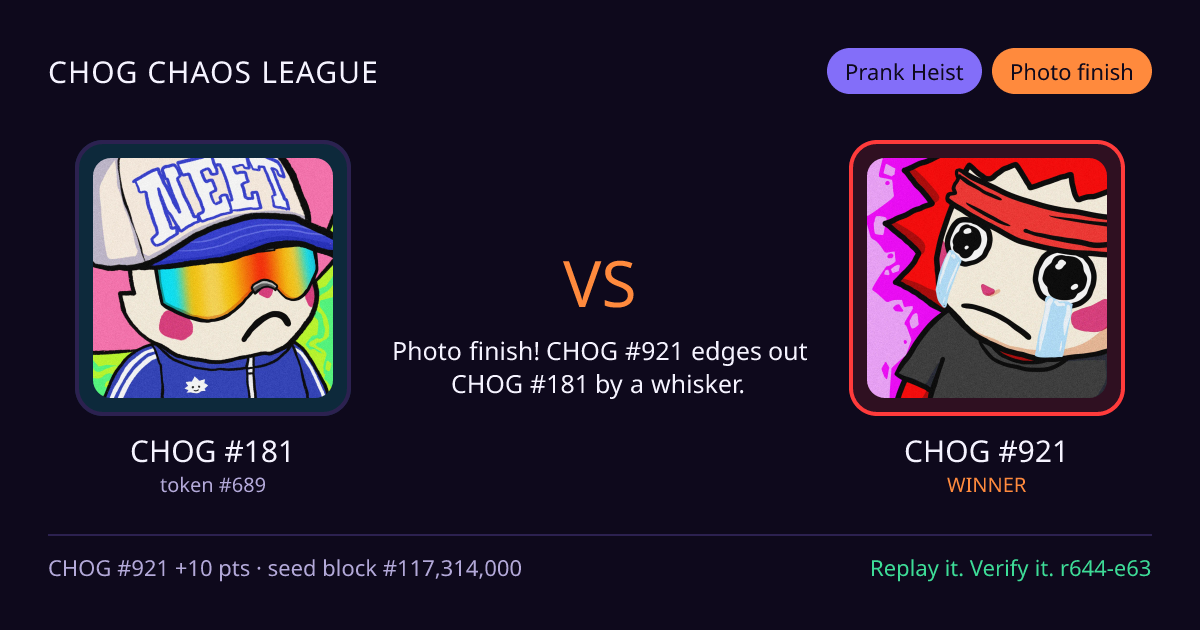 Highlight card: CHOG #181 versus CHOG #921