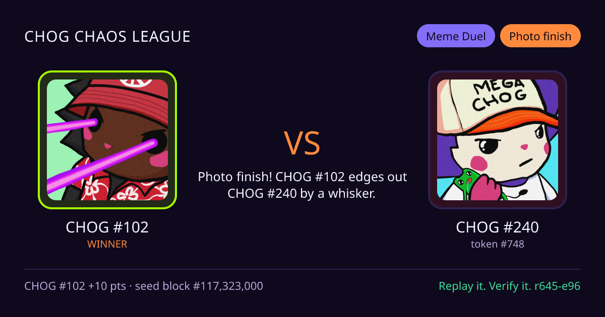 Highlight card: CHOG #102 versus CHOG #240