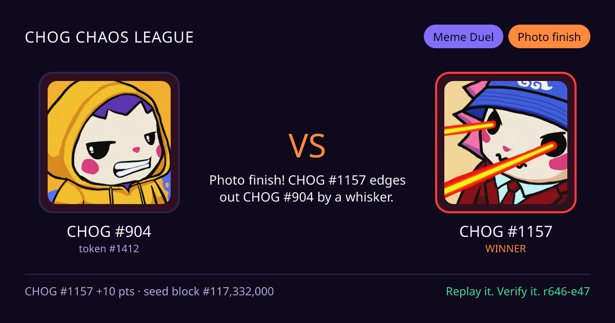 Highlight card: CHOG #904 versus CHOG #1157