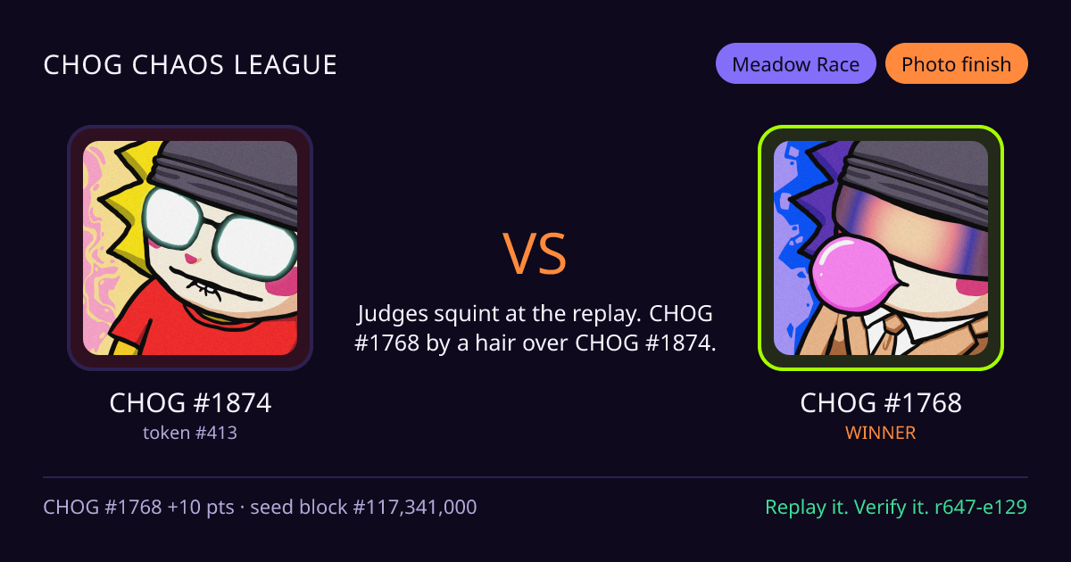 Highlight card: CHOG #1874 versus CHOG #1768