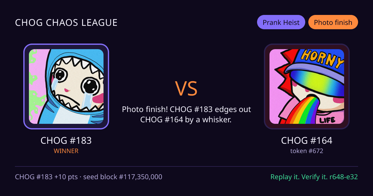 Highlight card: CHOG #183 versus CHOG #164