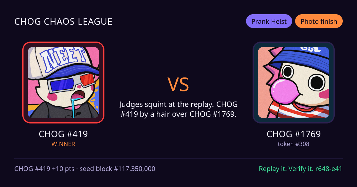 Highlight card: CHOG #419 versus CHOG #1769