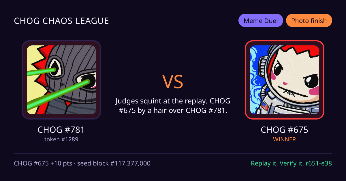 Highlight card: CHOG #781 versus CHOG #675