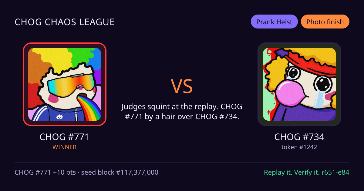 Highlight card: CHOG #771 versus CHOG #734
