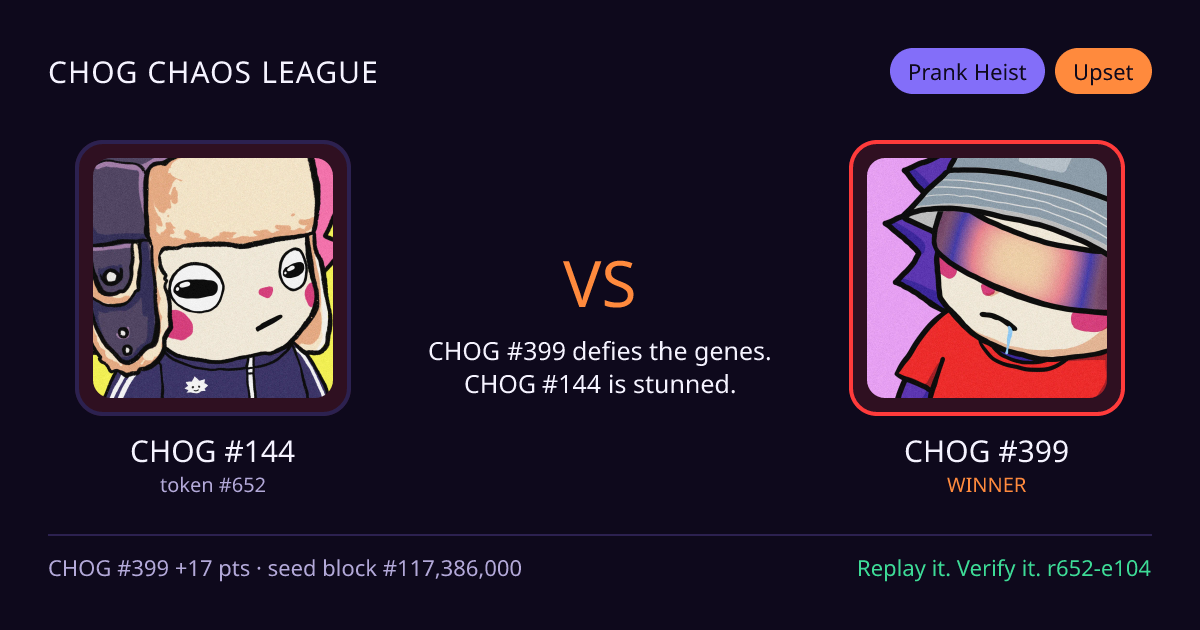 Highlight card: CHOG #144 versus CHOG #399